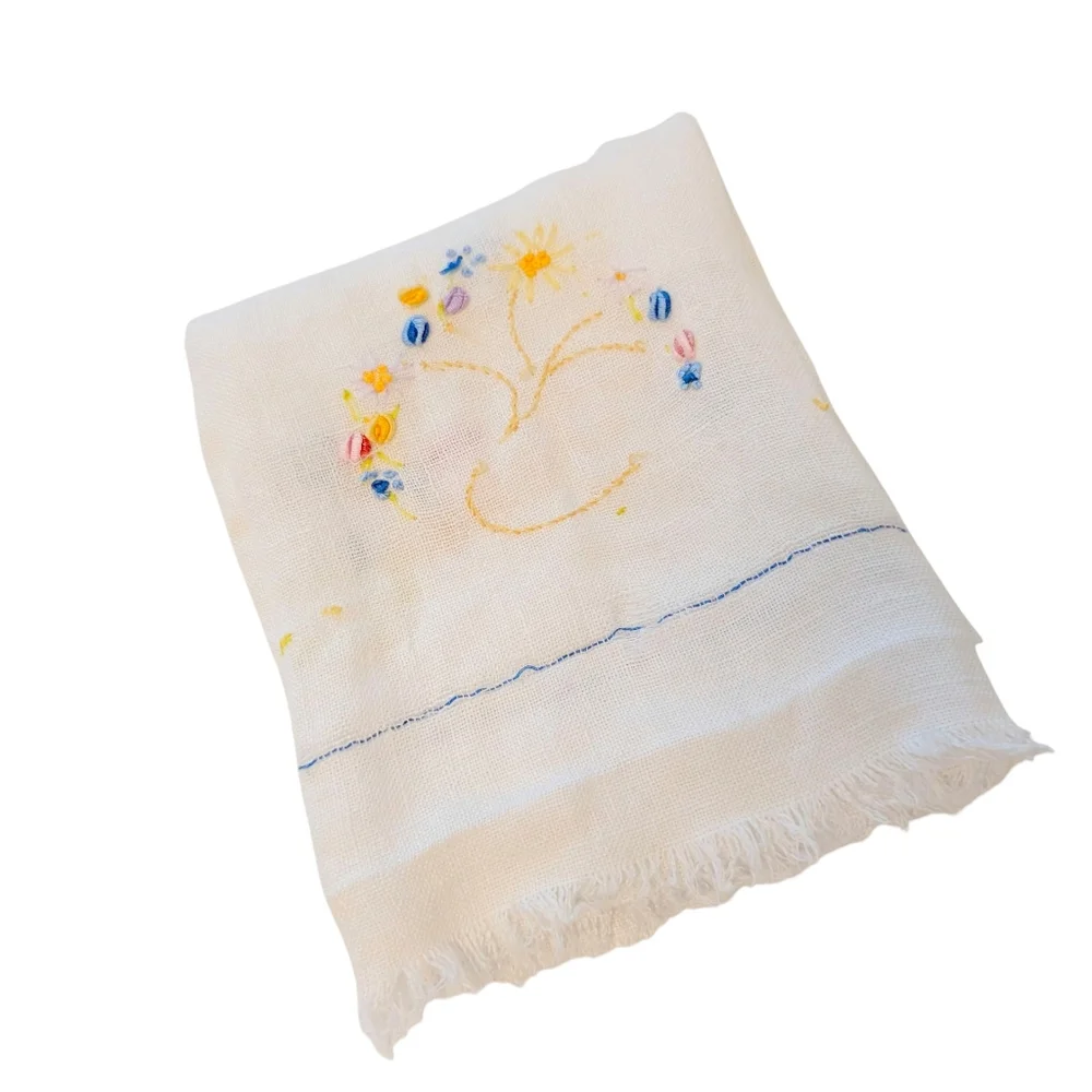 VINTAGE Dish Towel Embroidered Linen Farmhouse Floral White Yellow Blue